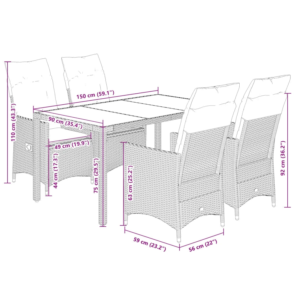 Set da Pranzo da Giardino 5 pz con Cuscini in Polyrattan Grigio