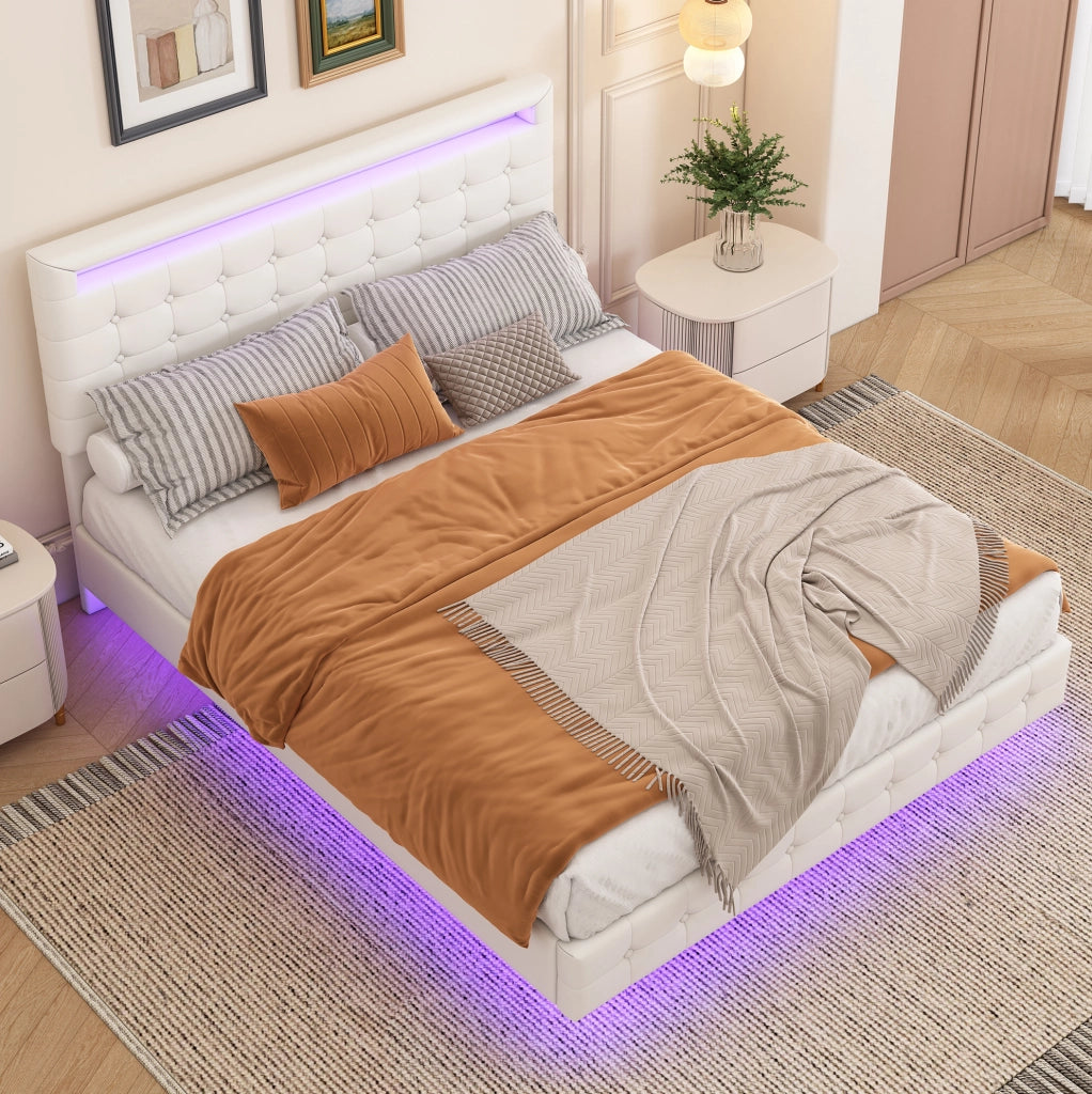 Letto 140x200 cm con luci LED; testiera regolabile; PU; bianco