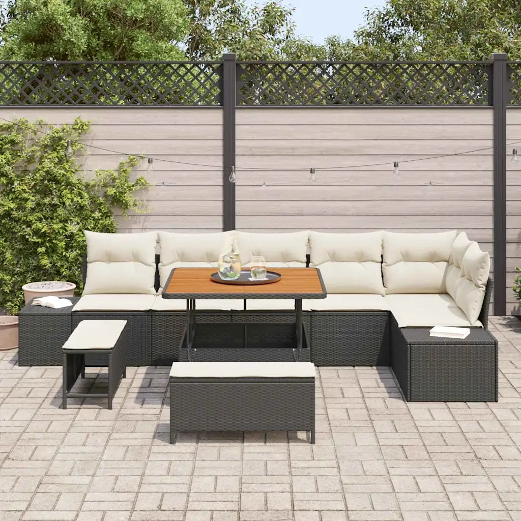 Set Divano da Giardino con cuscino 9 pcs Nero polyrattan