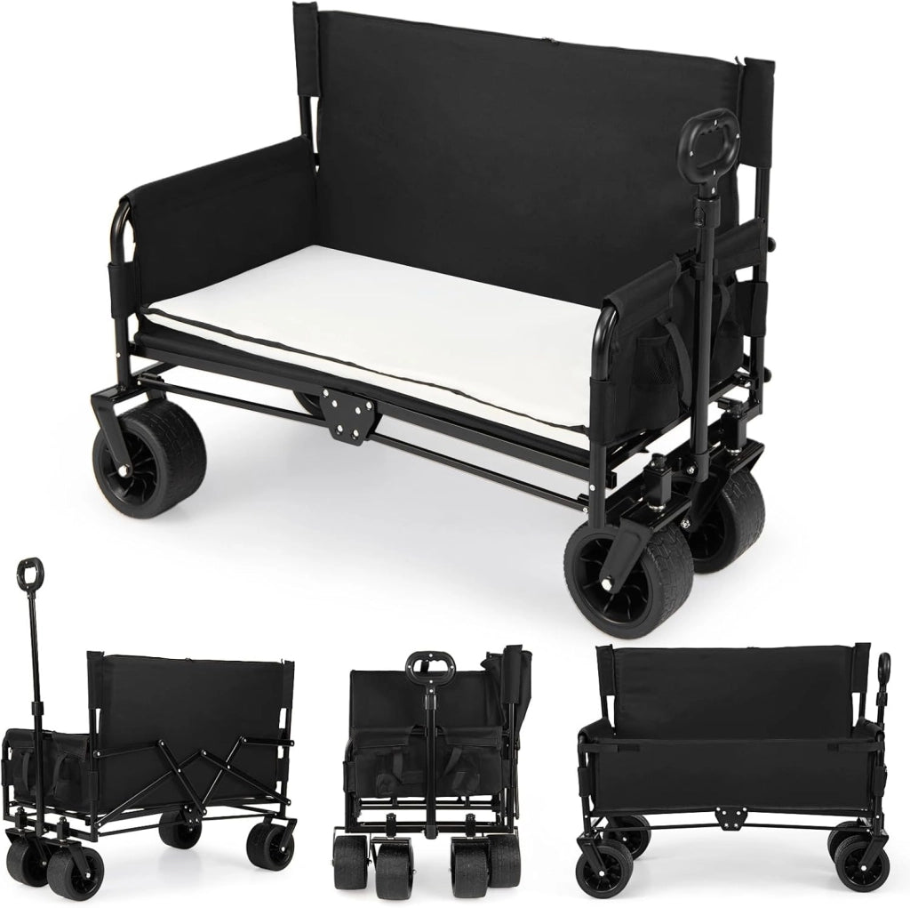 2 in 1 Carrello Pieghevole con Panca, Carrello Trasportabile con Maniglia Regolabile, Cuscini Morbidi e Ruote, Carrello da Giardino in 600D Oxford, 80 kg, 85 L, per Campeggio e Spiaggia (Nero)