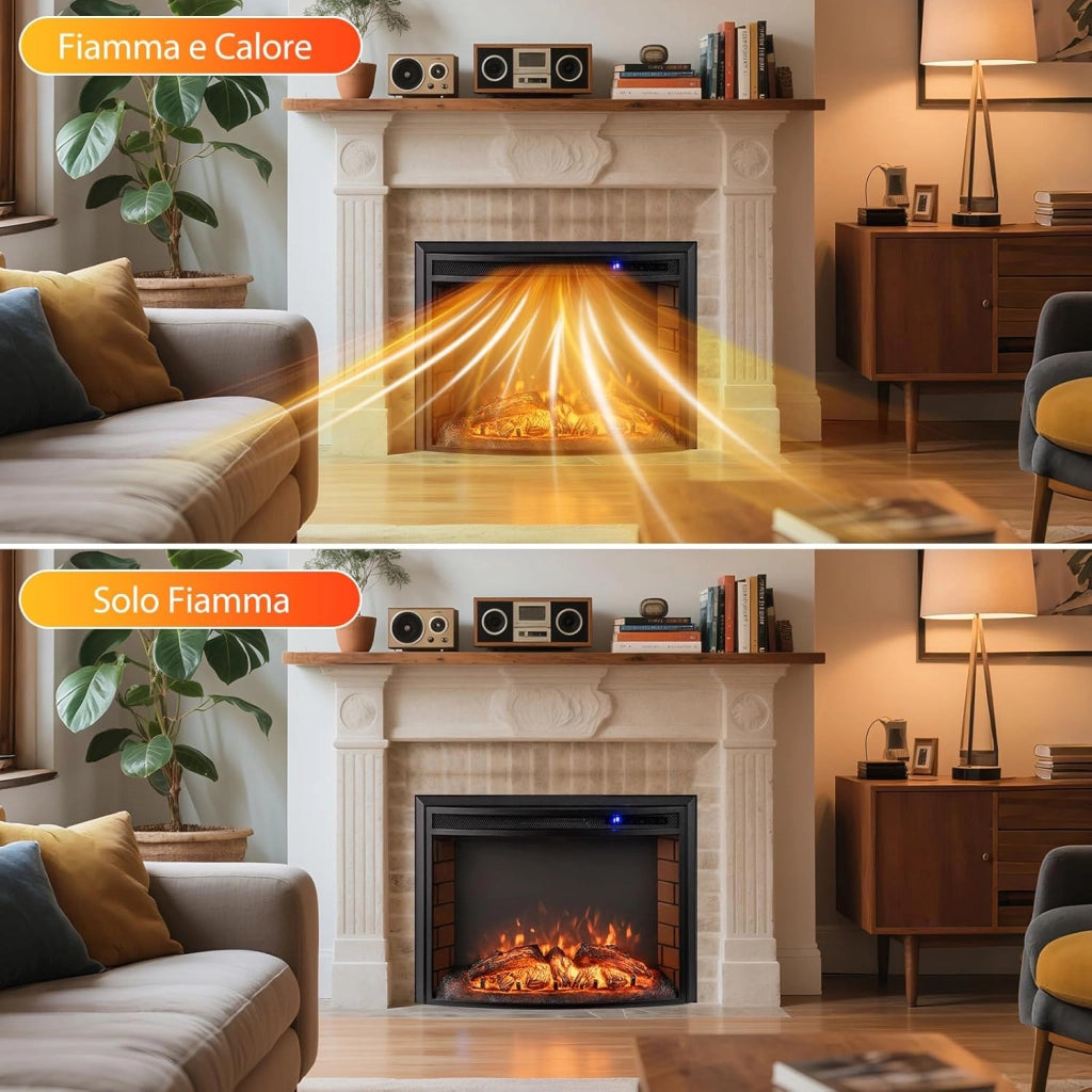 Camino Elettrico, 750W/1500W Caminetto Elettrico Curvo con Telecomando, Effetto Fiamma Realistico e Regolabile, Timer e Protezione da Surriscaldamento