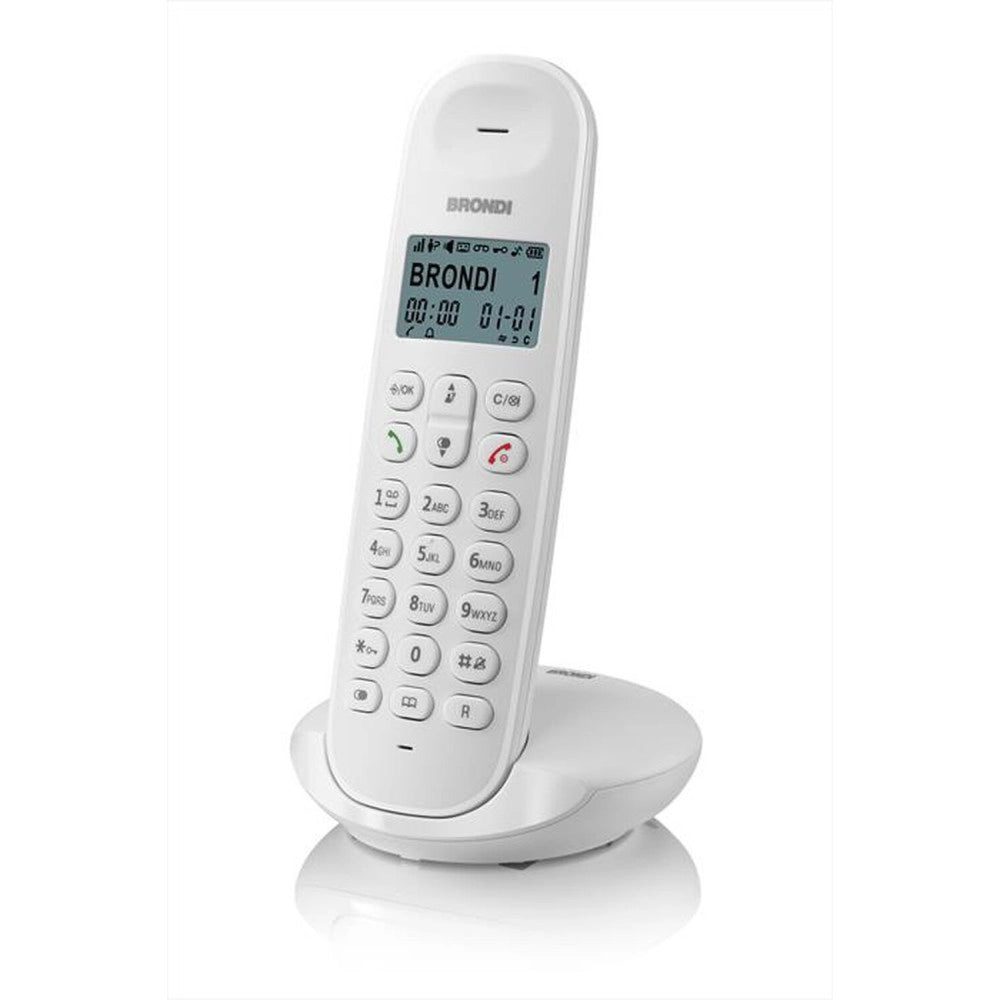Trade Shop - Telefono Cordless Brondi Lotus Bianco Nero Retroilluminato Con Sveglia Vivavoce -