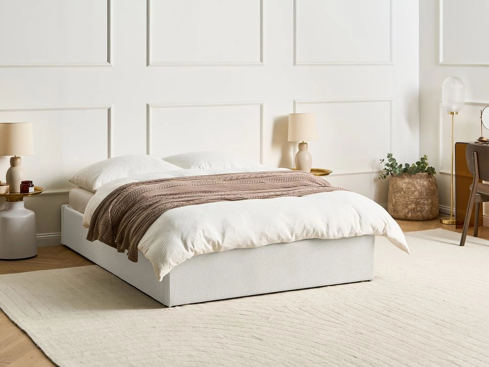 Letto matrimoniale con contenitore in tessuto beige chiaro 140 x 200 cm portaoggetti stile moderno