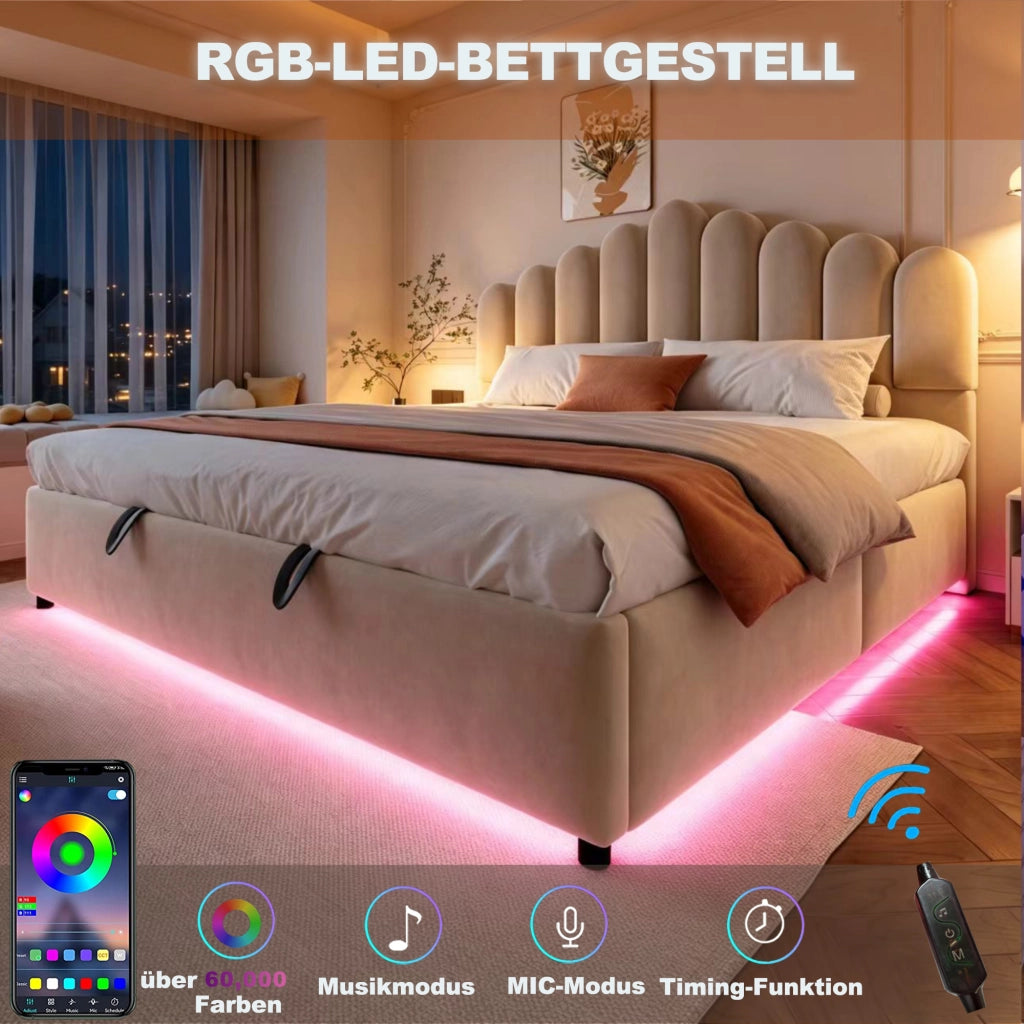 DESMIU Letto contenitore 180 × 200 cm 2 posti con vano idraulico, LED, senza materasso, in velluto, beige