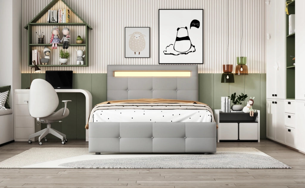 Letto singolo LED con 2 cassetti - Xylo - 90x200 cm, grigio, per bambini
