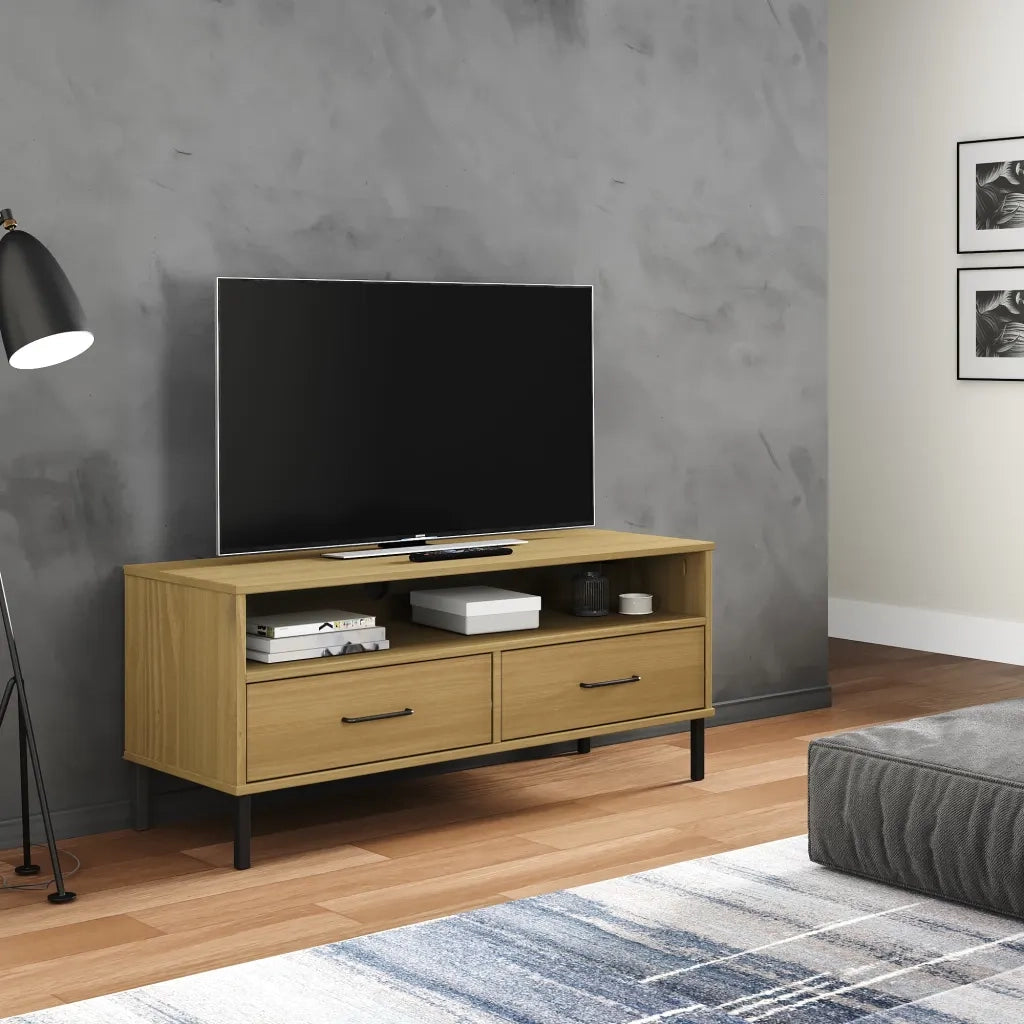 Mobile TV con Gambe Metallo Marrone Legno Massello di Pino OSLO cod mxl 27749