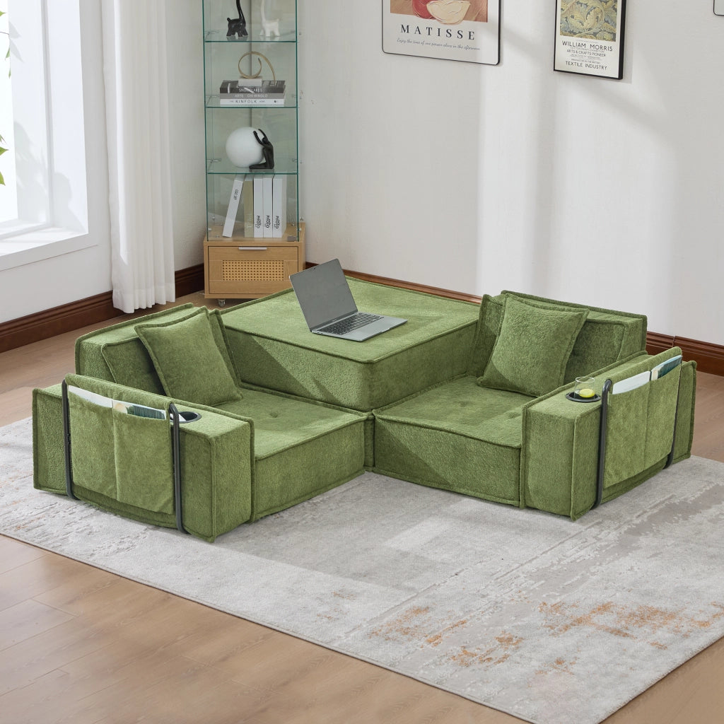 Pouf modulare con cuscini e tasche laterali per lettura e relax in ciniglia verde per salotto 162 × 78 × 66 cm