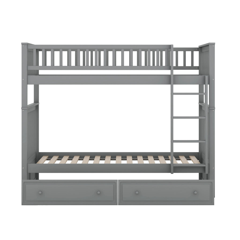 Letto a castello 90x200 cm trasformabile con 2 cassetti; sponde alte; legno e MDF grigio
