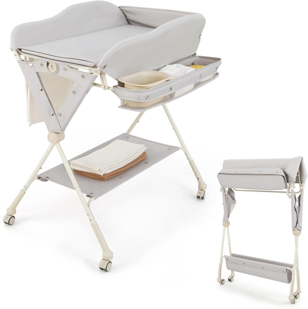 Fasciatoio Pieghevole Neonato, Fasciatoio Portatile con Altezza Regolabile a 3 Livelli, con Bacino, Cestino Portaoggetti e Cintura di Sicurezza, 4 Ruote Bloccabili, Portata 11 kg (Grigio)