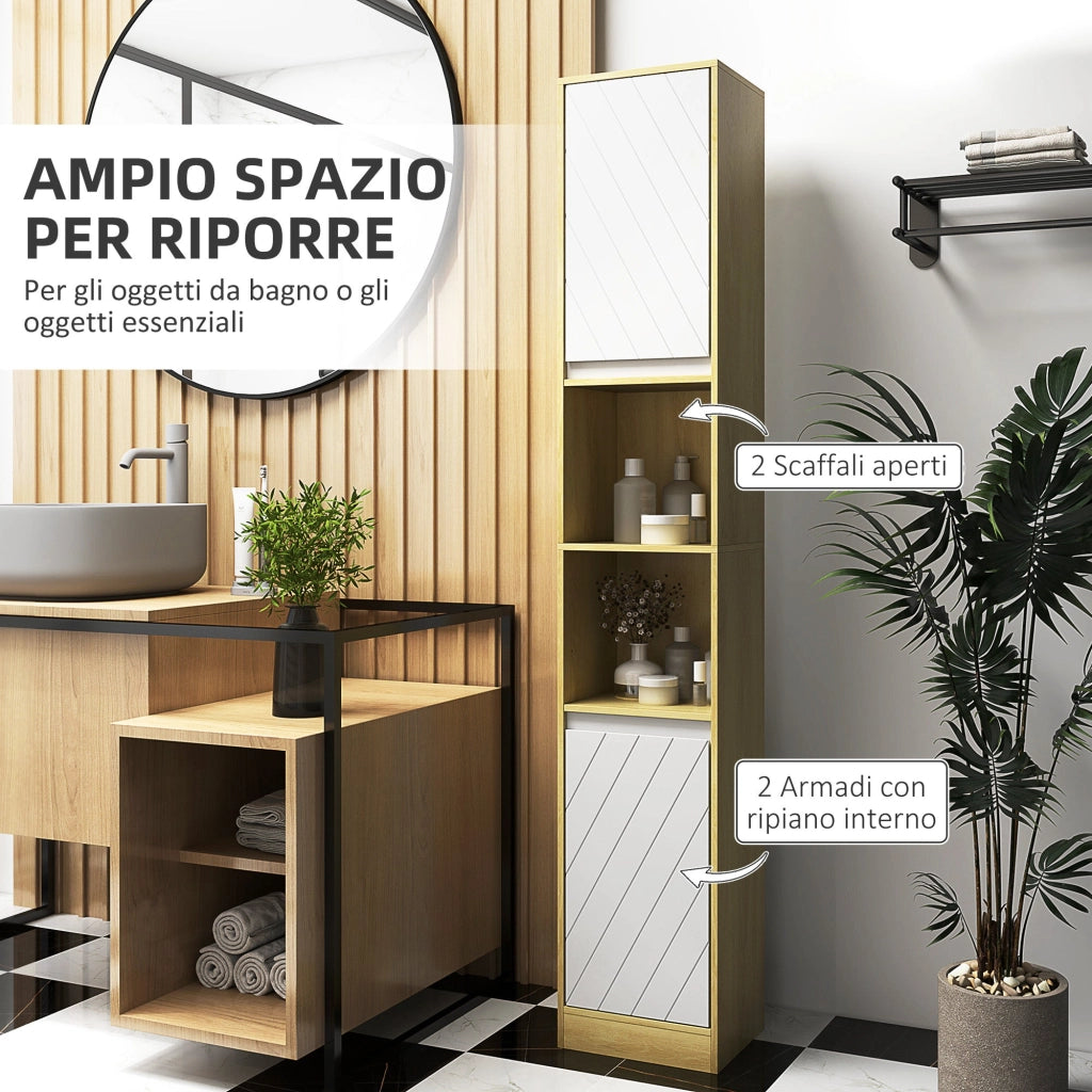 Mobile a Colonna da Bagno Salvaspazio con 2 Armadietti e 2 Ripiani 30x24x170 cm Rovere e Bianco