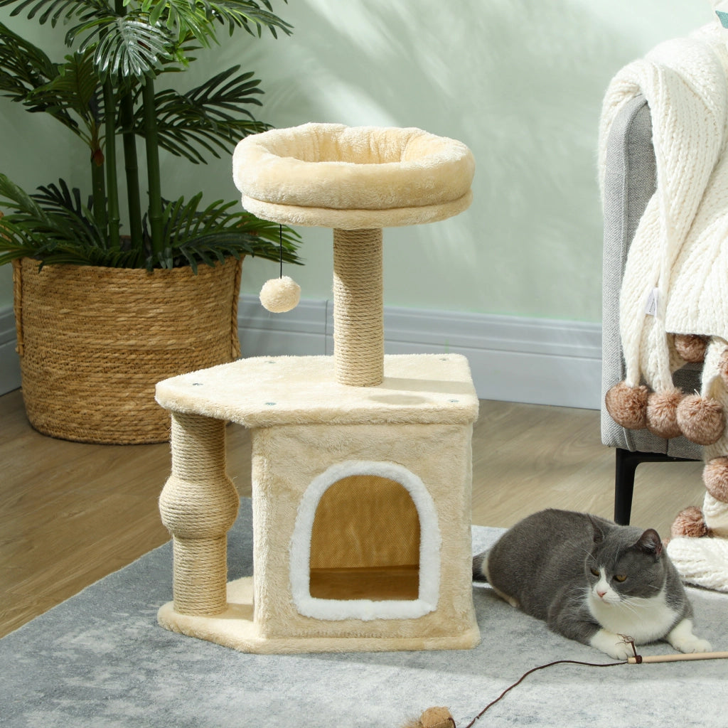 Albero per Gatti 66cm ¨C Xylo ¨C con cuccia, piattaforma, palla pendente e palo in iuta beige