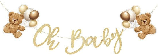 Bandiera per Festa di Benvenuto per Bambino Luccicante Oro - Decorazione Orso - Decorazione per Festa - Materiale Carta - Facile da Montare - Disegno Carino - Decorazione per Festa