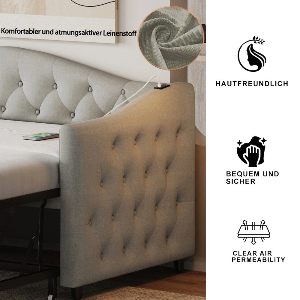 Letto Imbottito Singolo Estraibile con Rete a Doghe ¨C MINIMAL ¨C Tessuto Lino Grigio 90x200