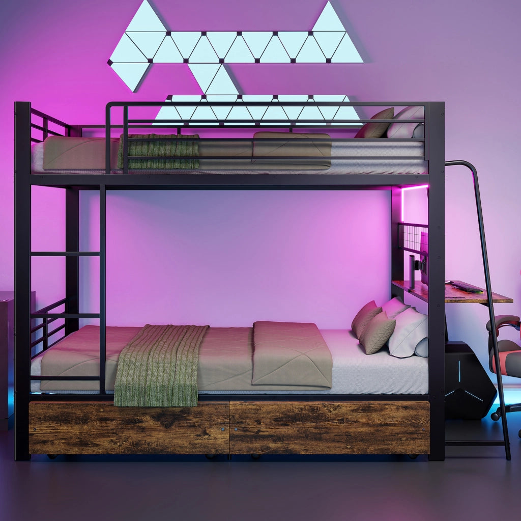 Letto a soppalco 90 x 200 cm con scrivania, LED e cassetti
