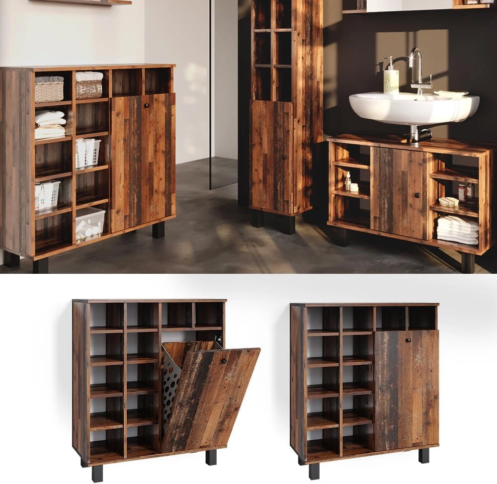 Armadietto da bagno con portabiancheria Fynn, Rovere rustico, 78.4 x 91.6 cm, con cestini per una conservazione organizzata in bagno