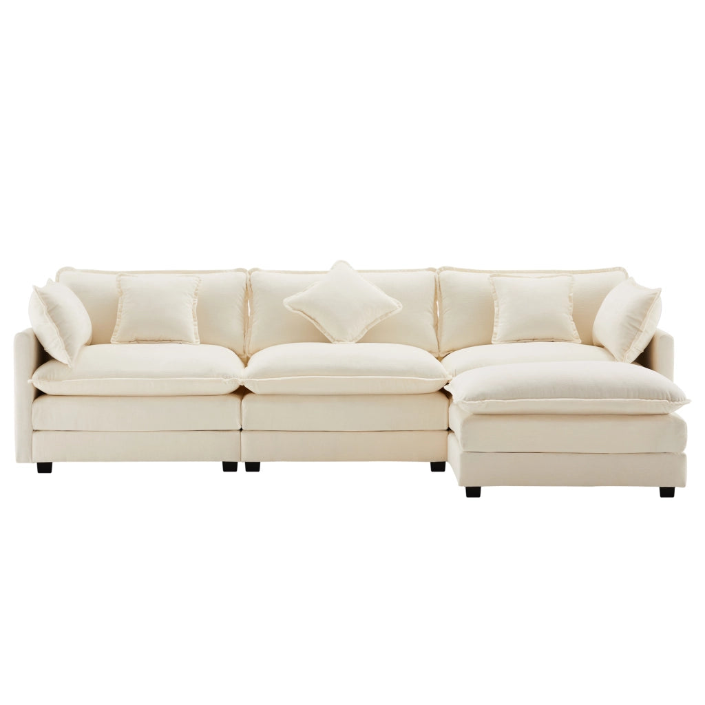 Divano angolare 3 posti - con penisola mobile e cuscini lombari - in chenille beige