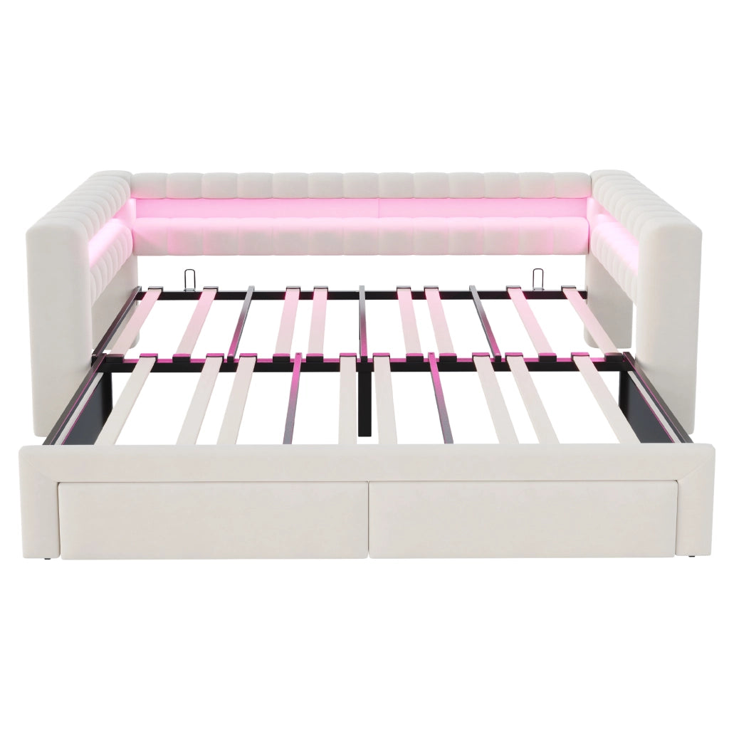 Divano letto 90x190 cm estraibile con cassetti e LED in velluto beige