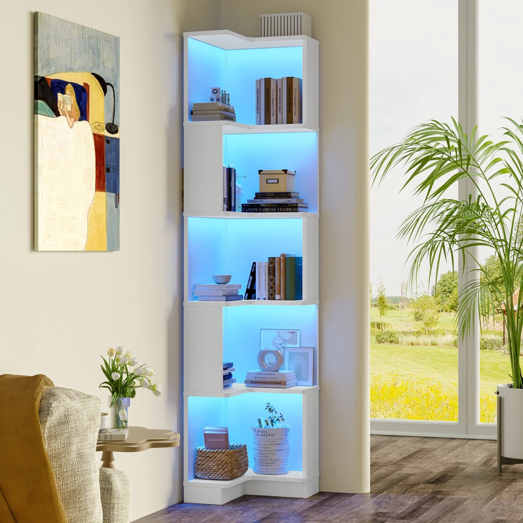 Libreria ad angolo bianca con LED e 5 ripiani