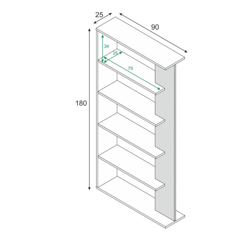 Libreria Eolo, Mobile portalibri bifacciale a 5 ripiani, Scaffale divisorio da ufficio o cameretta, cm 90x25h180, Bianco e Cemento
