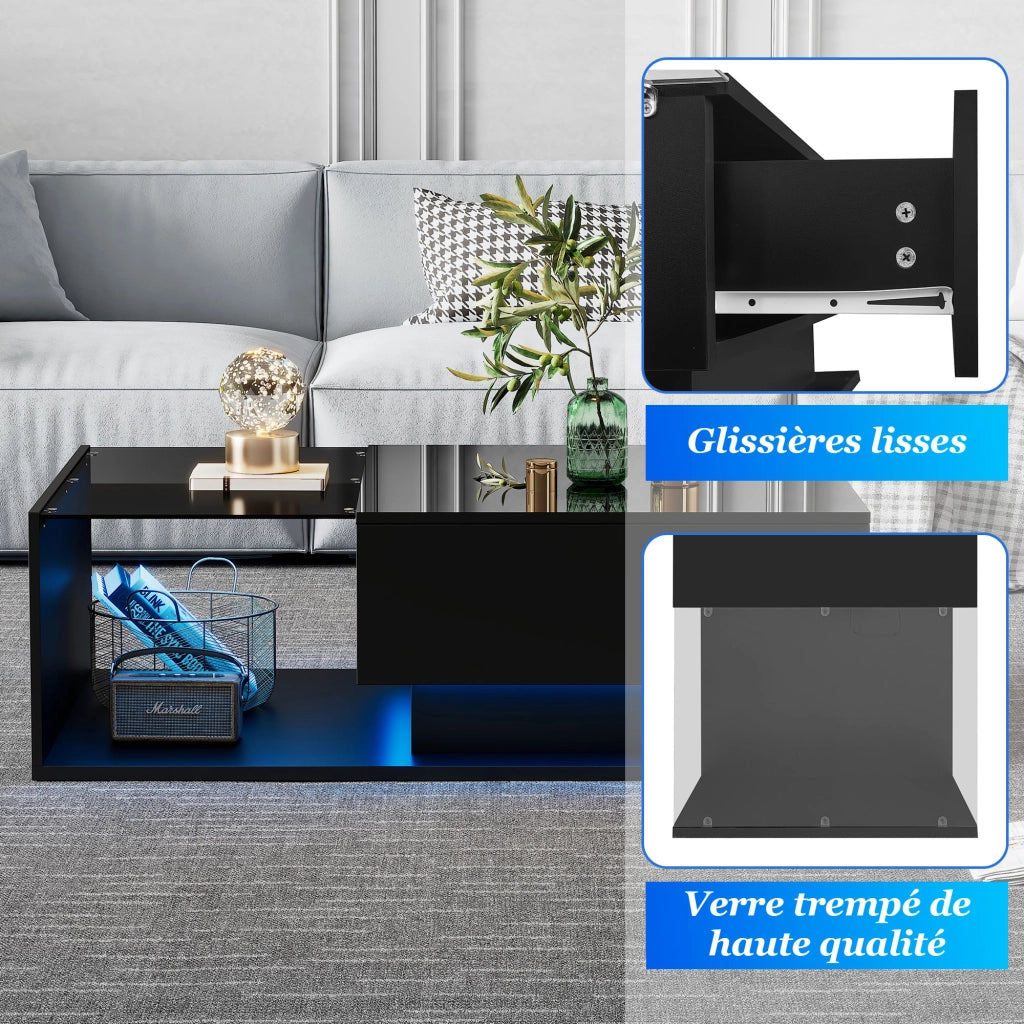 Tavolino da caffè con 1 Cassetto e LED tramite App; Piano in Vetro e Finitura Lucida; in Pannelli di Particelle; 100×50×32 cm; Nero