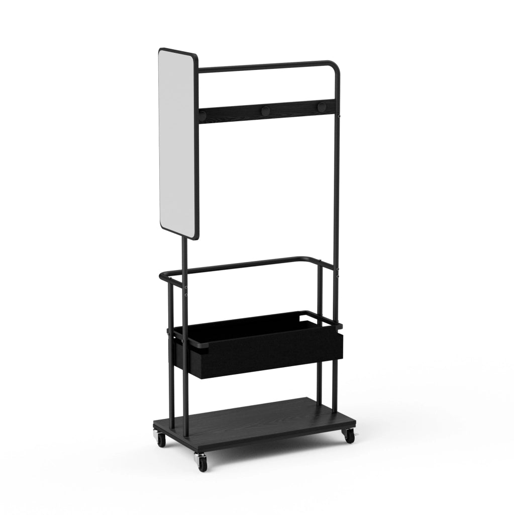 Appendiabiti multifunzione 3 in 1 con specchio; ruote e ripiano inferiore; 70x40x170 cm; nero