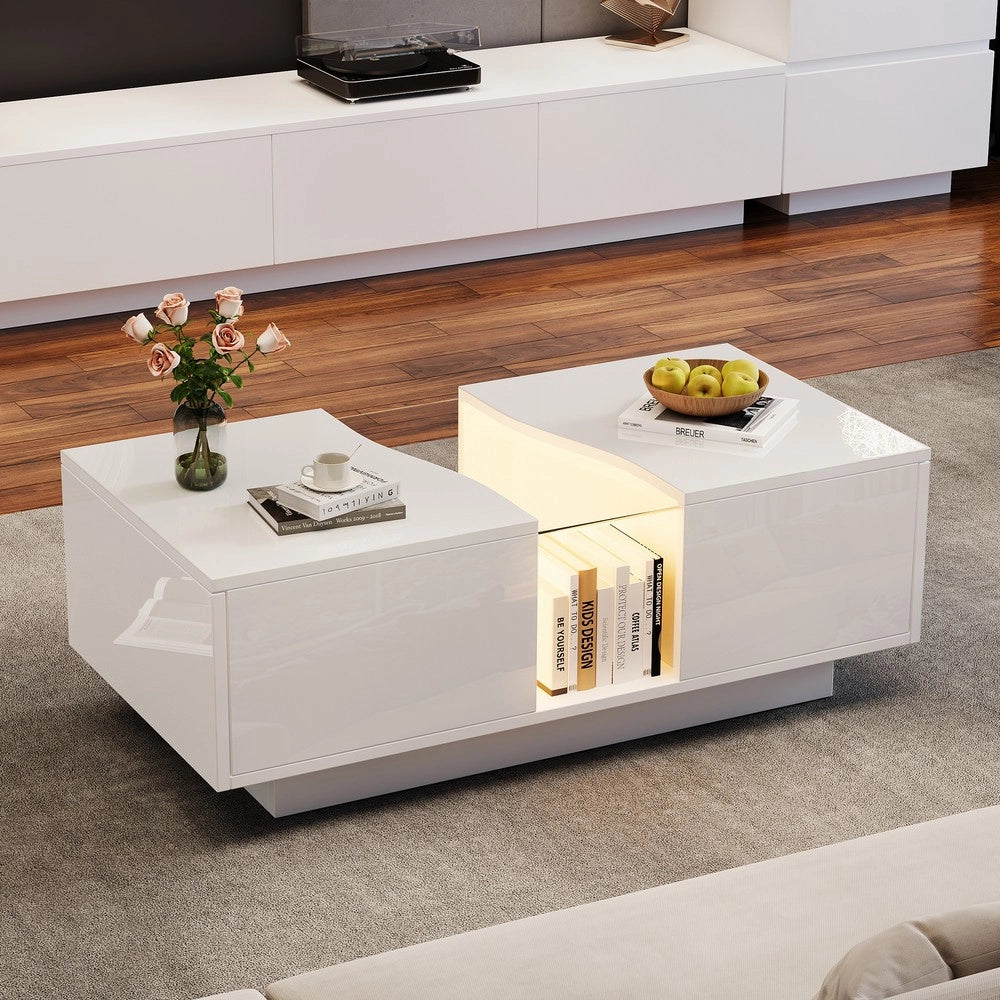 Tavolino da Caff¨¨ con LED e 2 Cassetti ¨C MINIMAL ¨C Bianco Lucido, MDF, 100x50x35