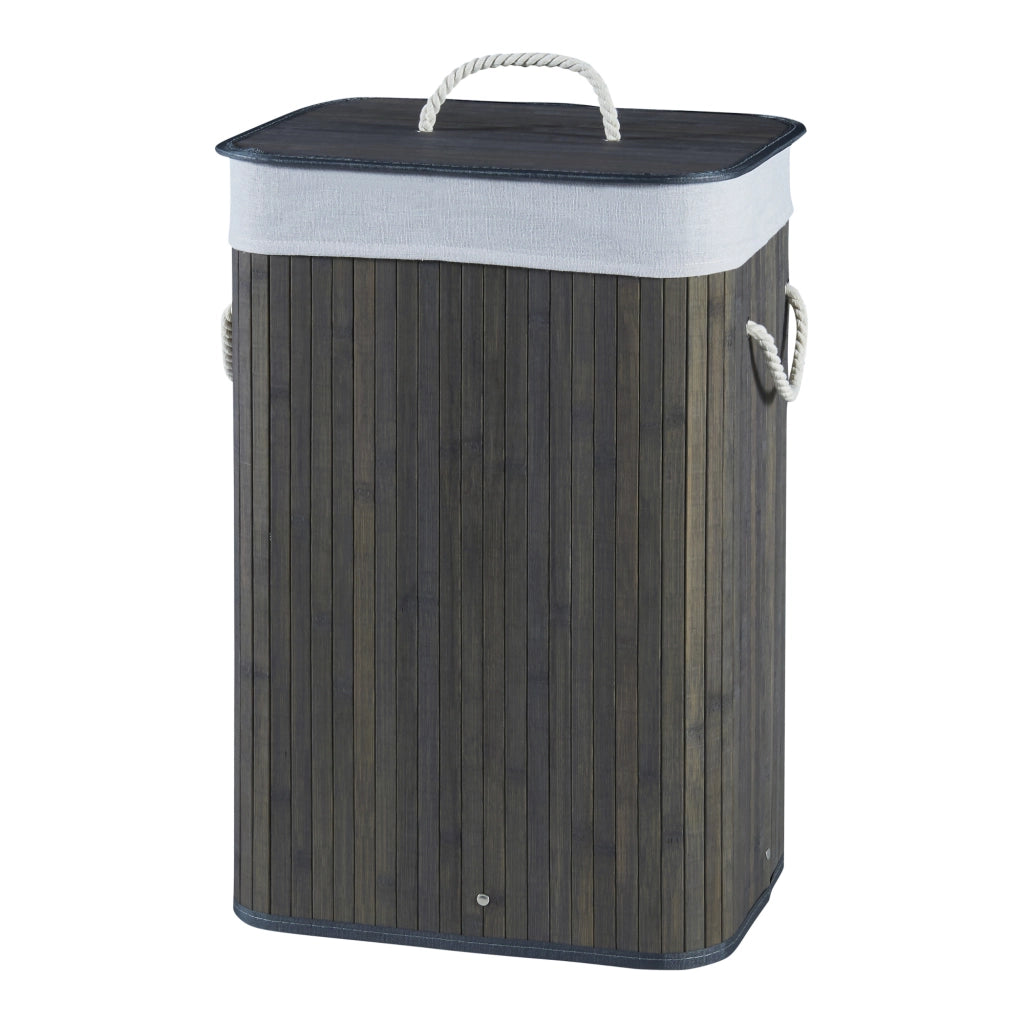 Cesto Portabiancheria Salla con Coperchio e Sacco Rimovibile 72 L Bambù - Blu scuro / Grigio [en.casa]