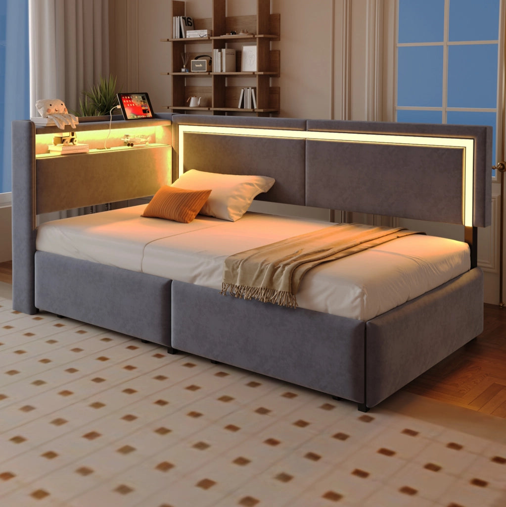 Divano letto 90x200 cm con LED, USB e contenitore in velluto grigio scuro