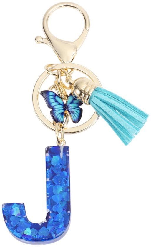 Sleutelhanger con lettera J - Farfalla - Sleutelhanger per donne - Sleutelhanger con pennello - Materiale per la cera ecológico - 9,3 cm di lunghezza - Sleutelhanger con iniziali