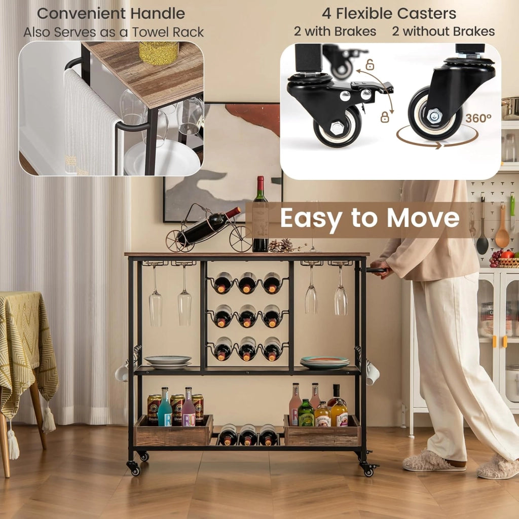 Carrello da Cucina con Ruote, Carrello di Servizio con Portabottiglie, Portabicchieri Ganci, Carrello Portaoggetti a 3 Ripiani per Bar, Casa, Cucina, 108 x 40 x 91 cm (Grigio)