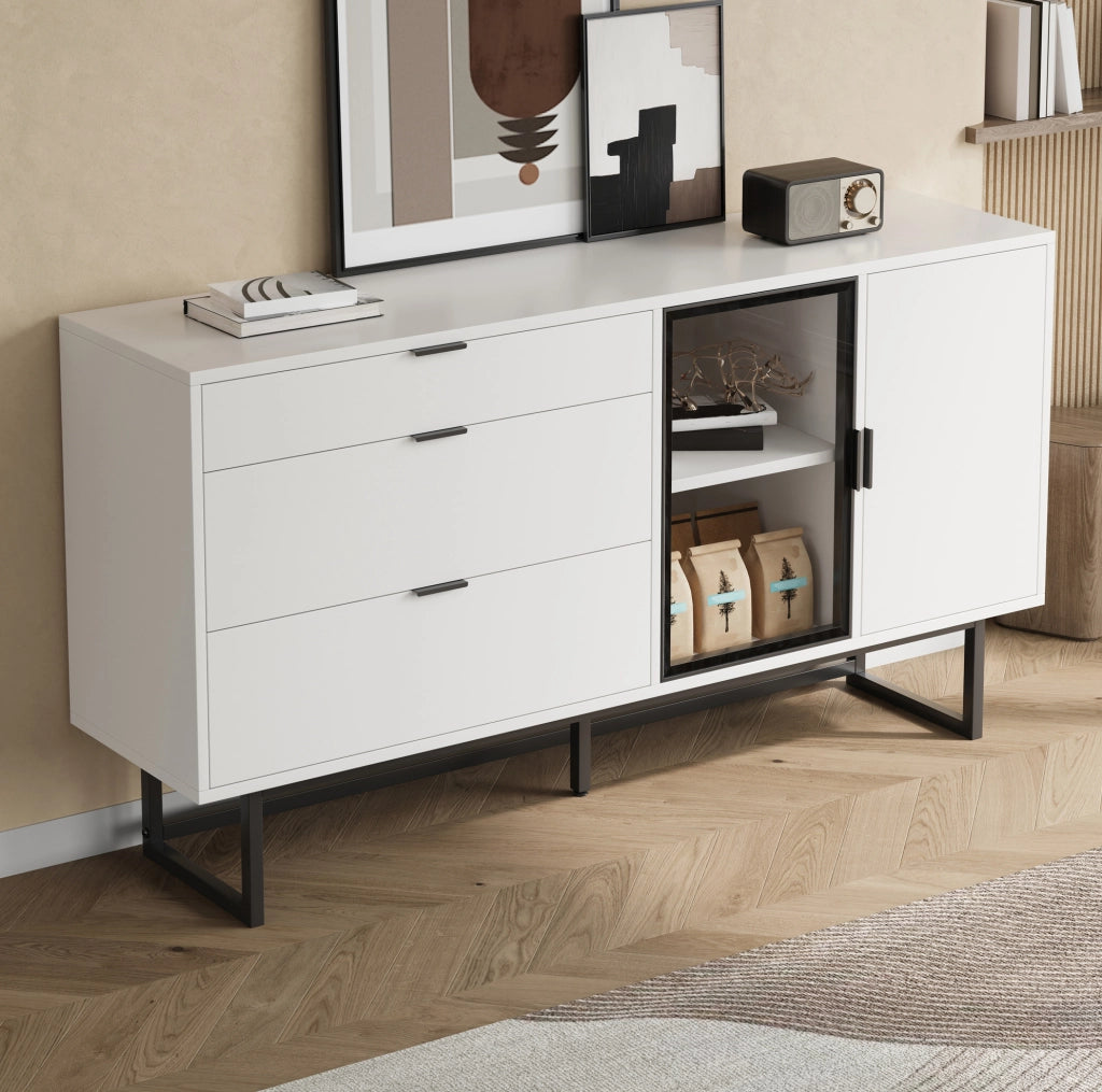 Sideboard moderno bianco con LED, vetrina e 3 cassetti