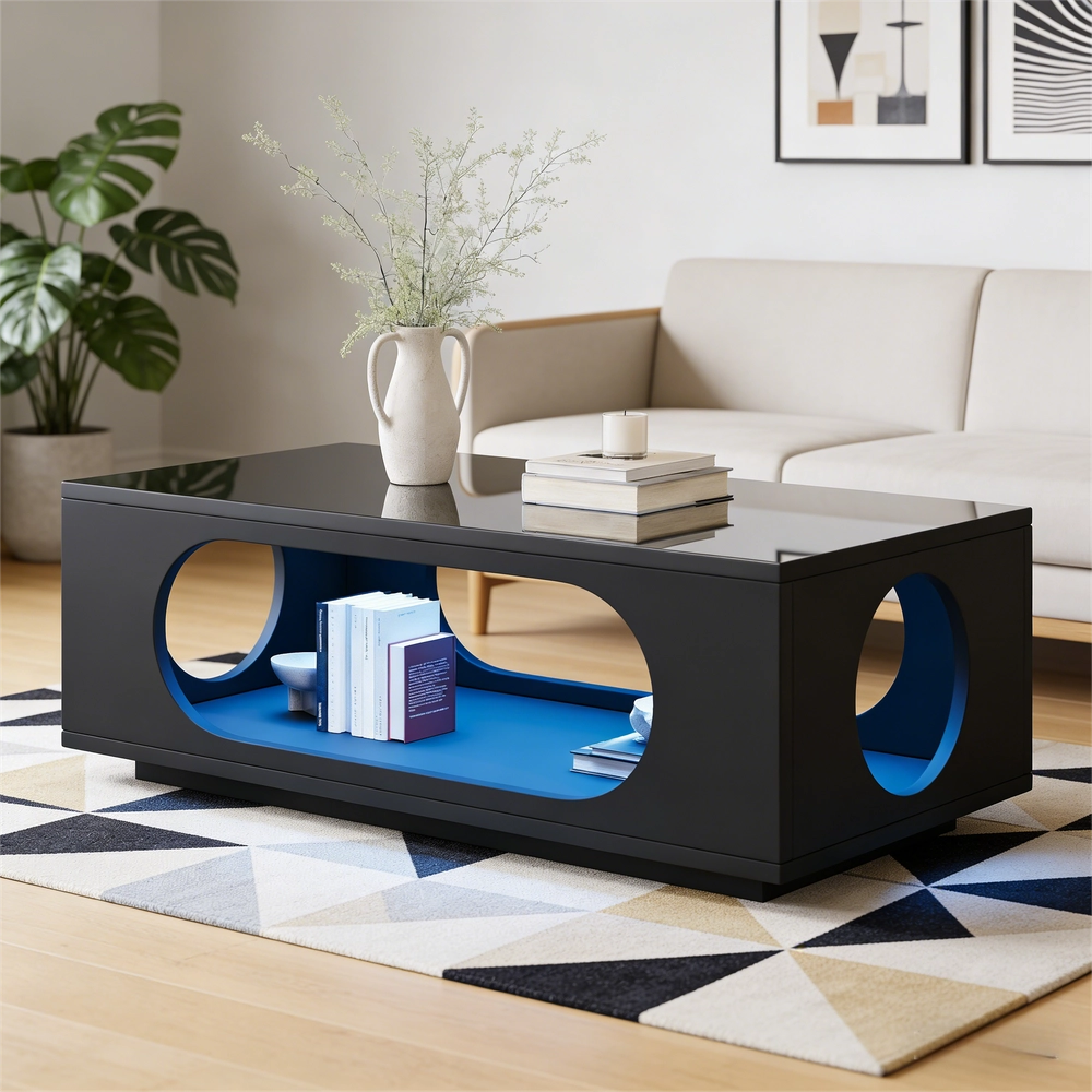 Tavolino da Caff¨¨ con LED ¨C MINIMAL ¨C MDF Nero Lucido, 100x50x35