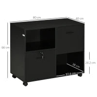 Mobile da Ufficio con 2 Cassetti Porta Documenti e Ripiani, Ruote con Blocco, 80x40x66cm, Nero