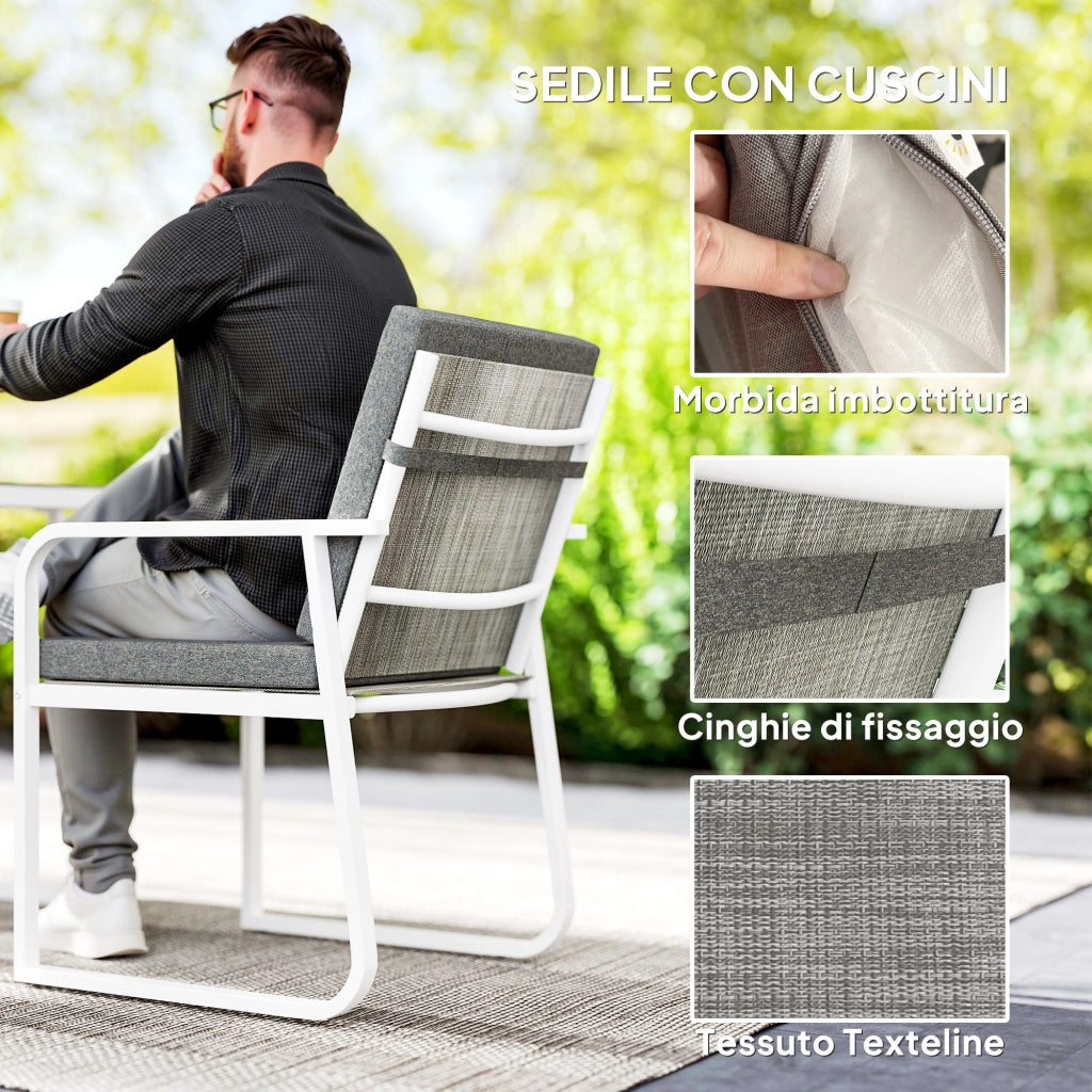 Set da Esterno 3 Pezzi Tavolo con Piano in Vetro e 2 Sedie con Cuscini Bianco