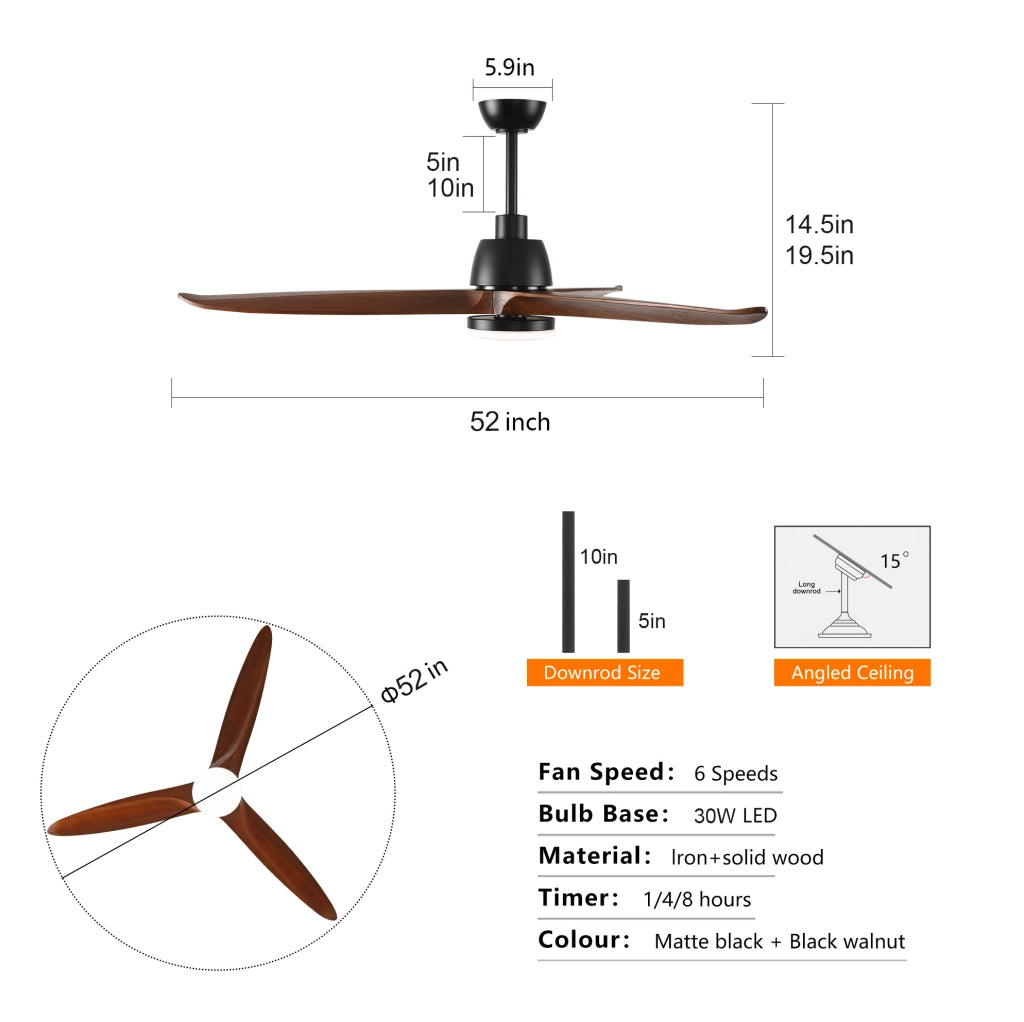 Ventilatore da soffitto 52" con luce LED, 3 pale in legno, nero e noce scuro