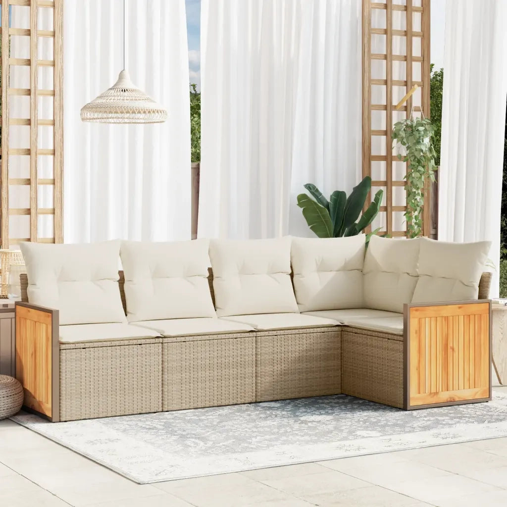 Set Divano da Giardino 5 pz con Cuscini Beige in Polyrattan