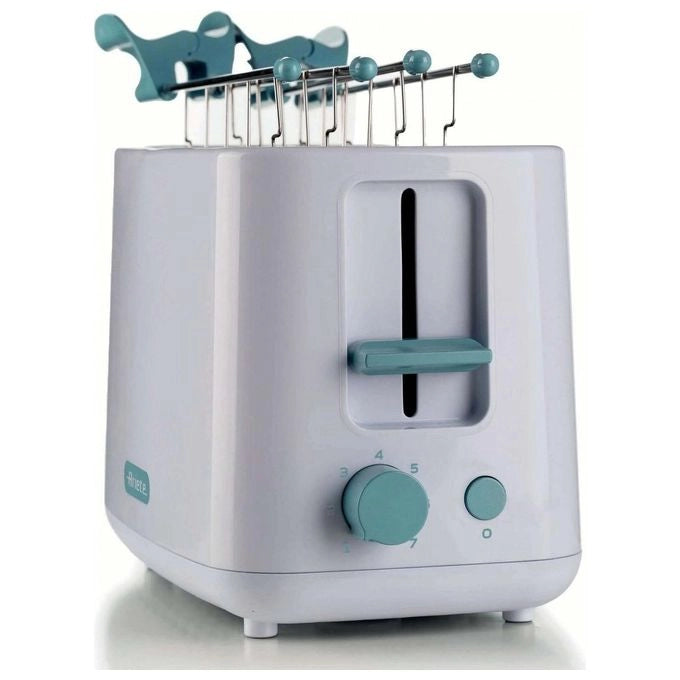 Ariete 157 Tostapane Breakfast, 760W, Capacità 2 fette di pane, Pinze in acciaio inox, 7 livelli di doratura, Pulsante stop, Tocco freddo, White & Aegean Teal