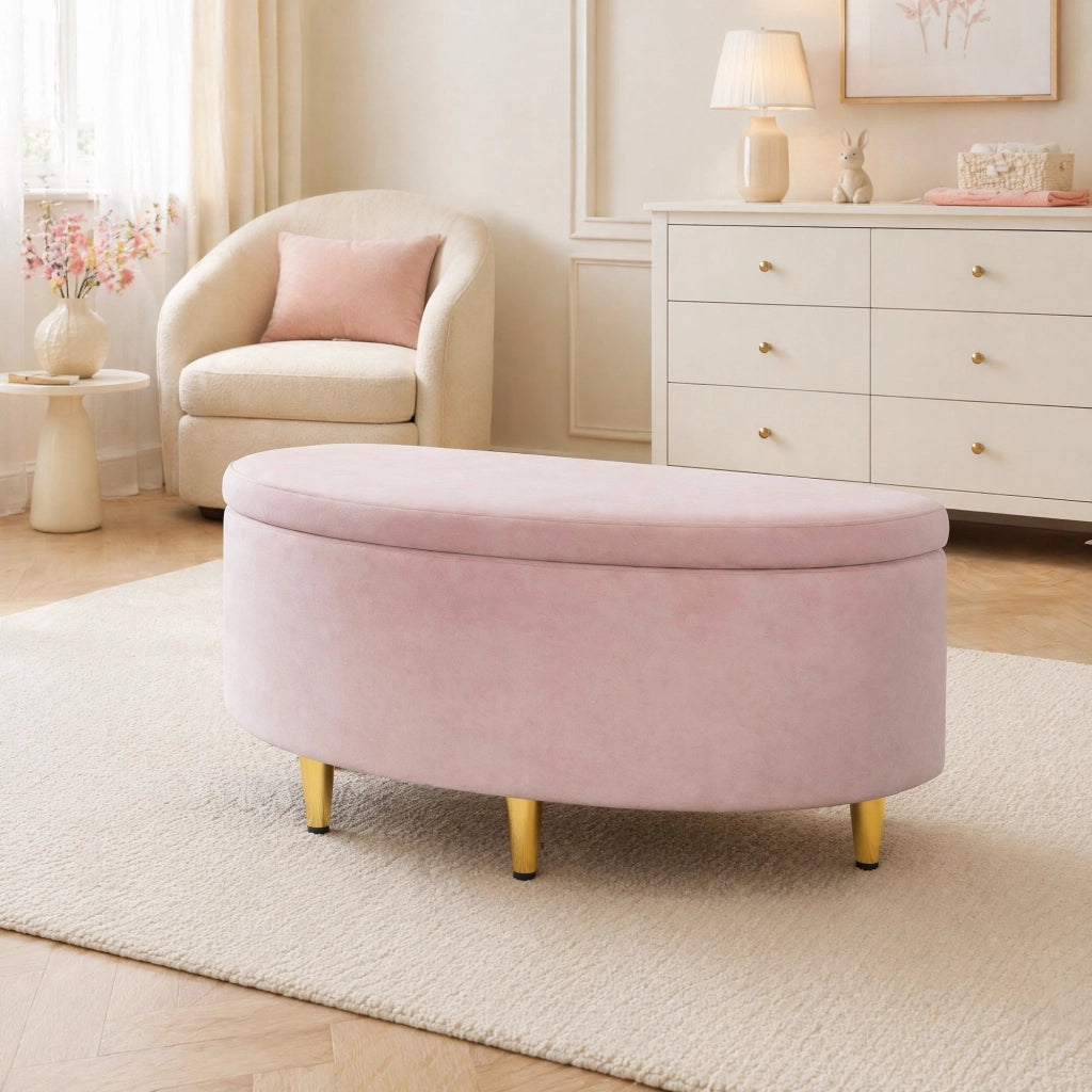 Panca contenitore in velluto rosa 90 x 40 x 42 cm; pouf imbottito con spazio portaoggetti