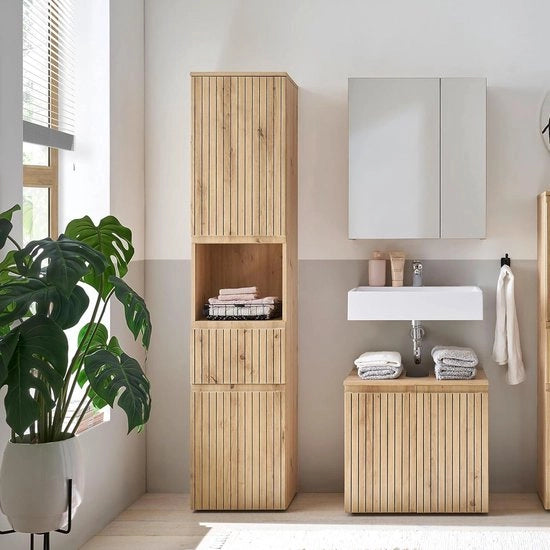 Cassettiere da bagno alta in stile Artisan legno di quercia - certificata FSC - con molta capacità di stoccaggio - 40x181x31cm cassettiere da bagno altezza