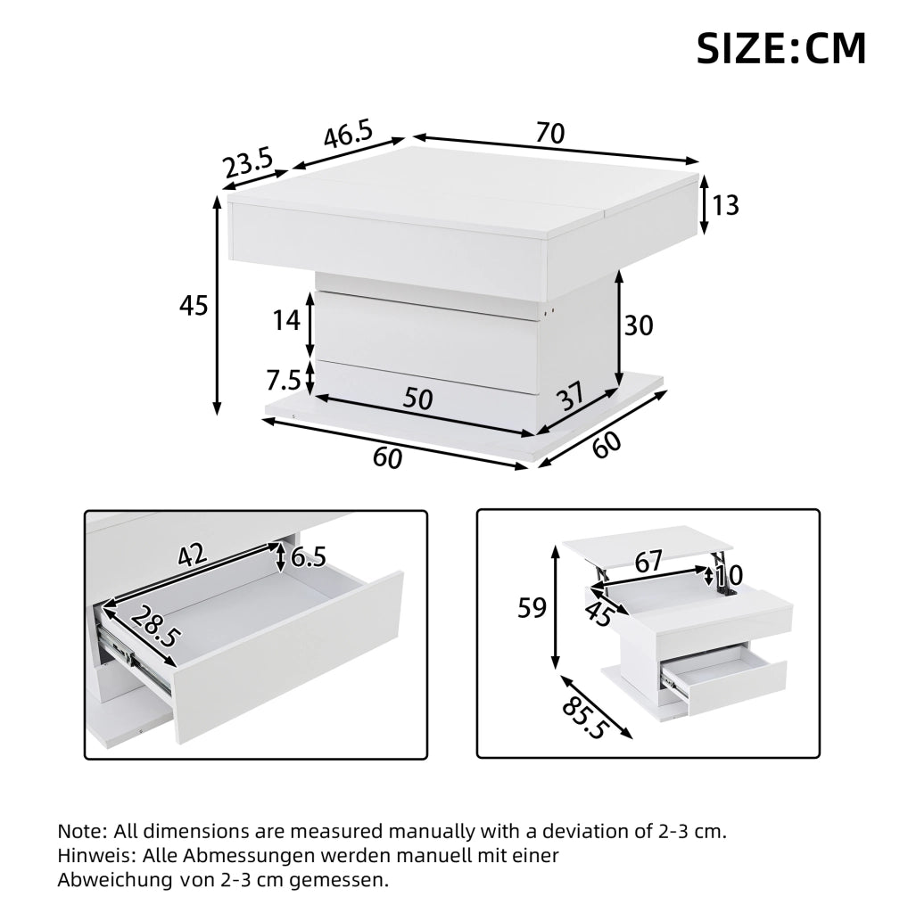 Tavolino da caffè quadrato 70x70x45 cm con piano sollevabile e rotazione 360°; bianco lucido