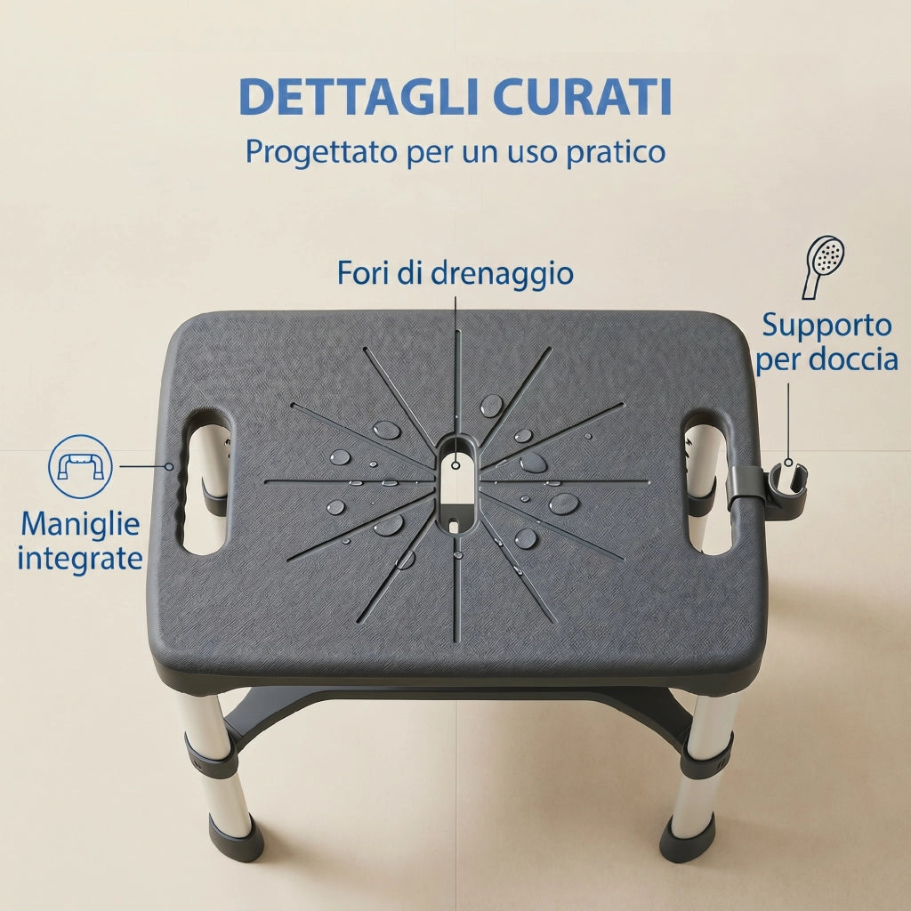 Sgabello per Doccia 46x33x39-49 cm con Mensola Integrata Altezza Regolabile 5 Livelli Portata 150kg in Alluminio Grigio