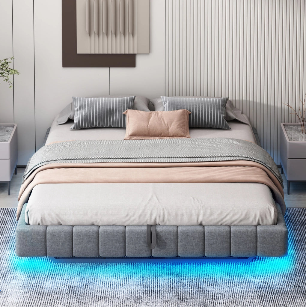 Letto matrimoniale imbottito 180x200 cm con contenitore; LED; effetto sospeso; grigio