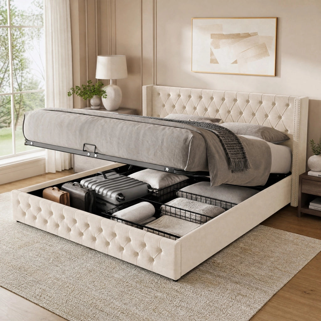 Letto matrimoniale Chesterfield in velluto con contenitore idraulico, 180x200 cm, colore beige