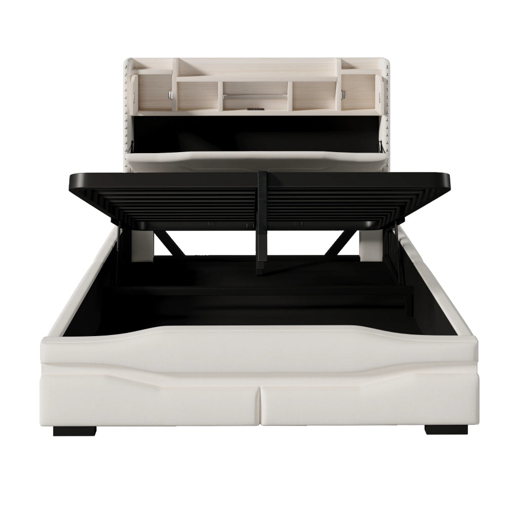 Letto matrimoniale 140x200 cm, con prese di ricarica, luci a LED, vano portaoggetti, beige