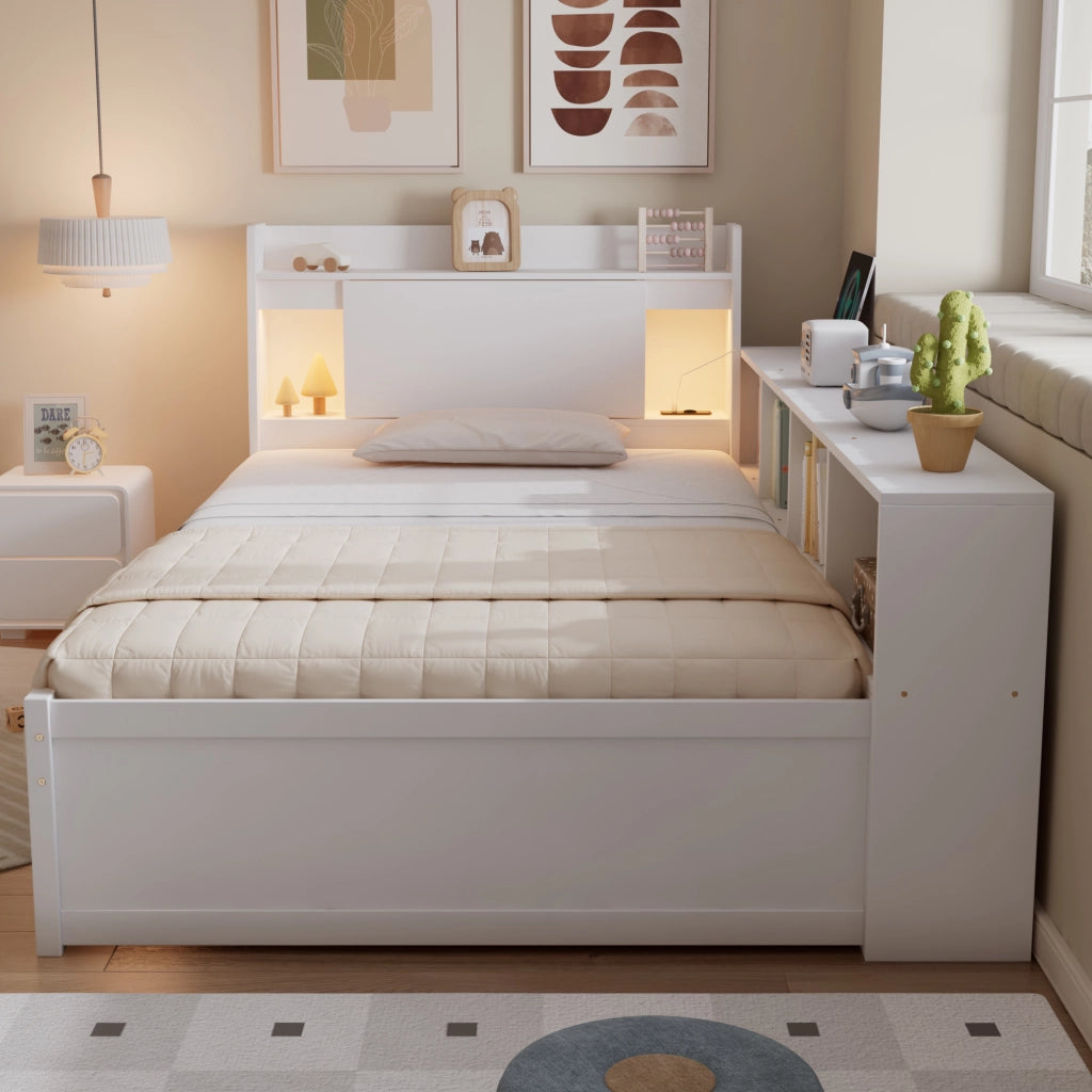 Letto con Cassetti 90x200 cm; Letto Singolo - Presa di Ricarica; 2 Luci e Ripiano - Bianco