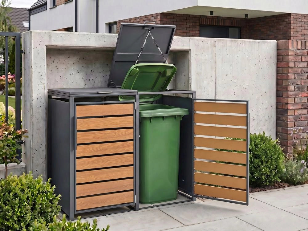Copertura doppia per bidone della spazzatura in acciaio zincato grigio scuro da 480 L con sportello magnetico a trasferimento termico e finitura effetto legno, apertura dall'alto, per esterni e giardino