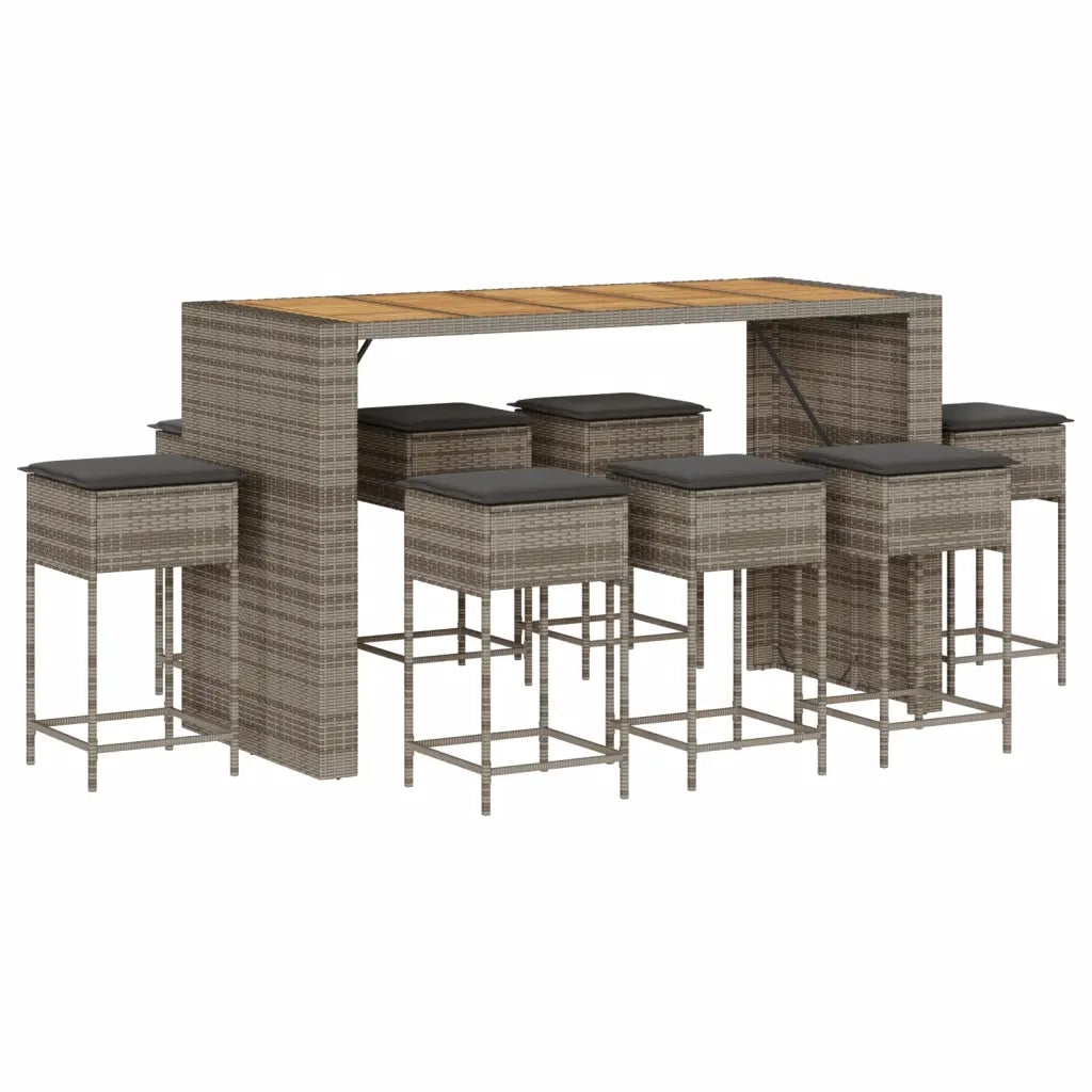 Set Bar da Giardino 9 pz con Cuscini in Polyrattan Grigio 3261520