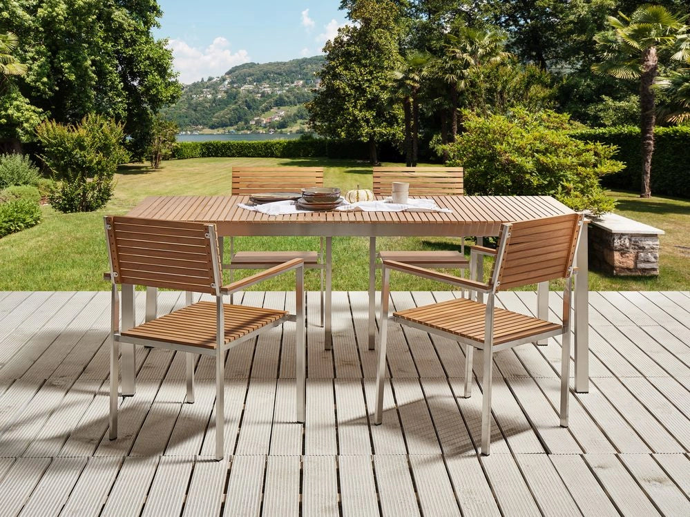 Tavolo da Giardino Legno di Teak Chiaro Struttura in Acciaio 200 x 90 cm design elegante contemporaneo terrazzo esterno