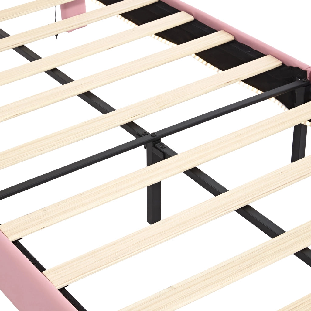 DESMIU Letto per bambini 1 posto con LED e bordi imbottiti 90 × 200 cm, senza materasso, in PU, rosa e bianco