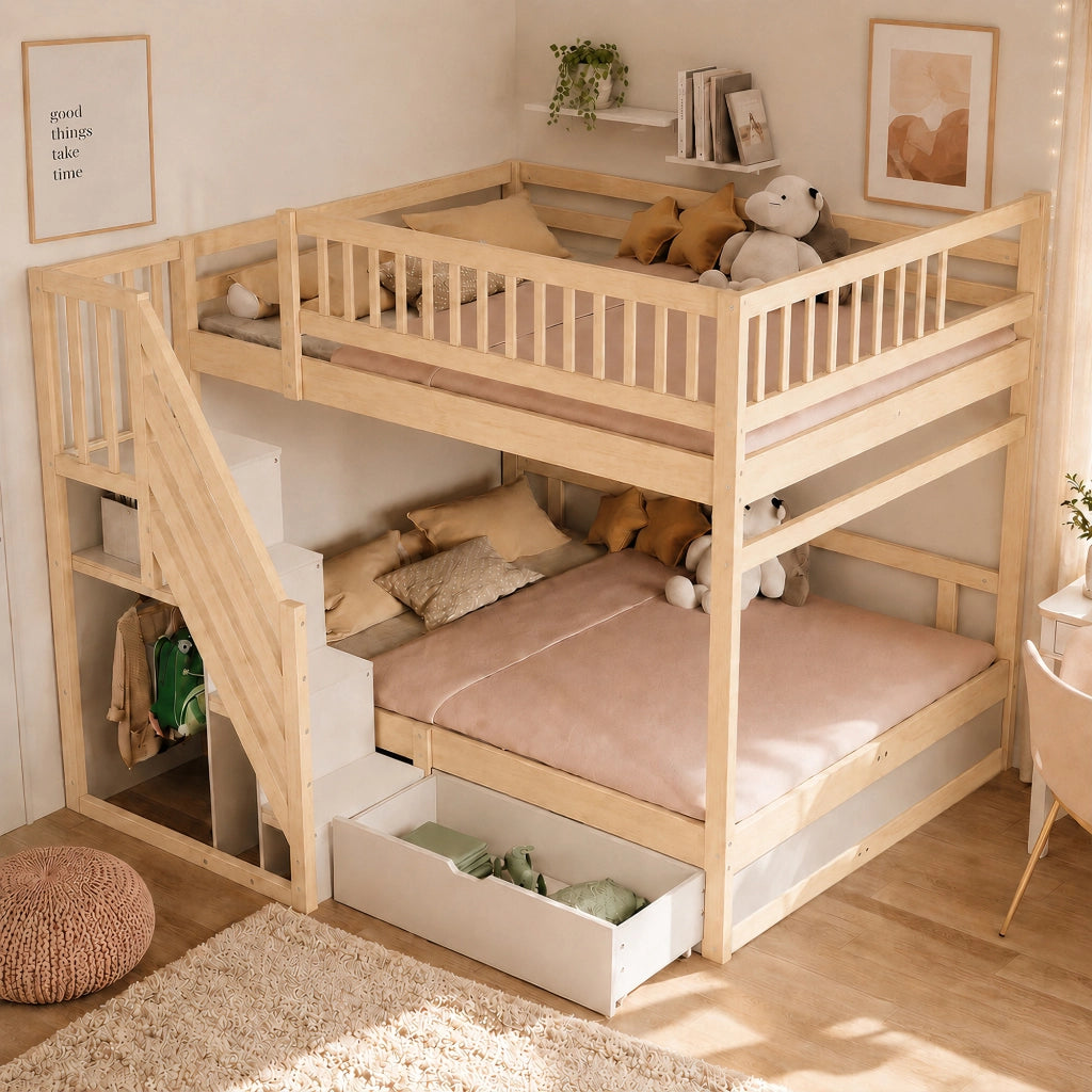 LETTO a castello 140x200 cm in legno con scala contenitore e cassetti